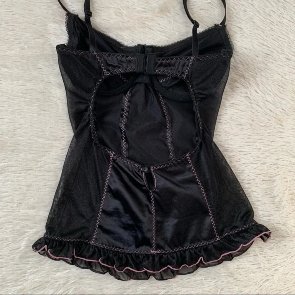 Vintage Y2K Black Satin Corset Style Slip w Pink Trim Set